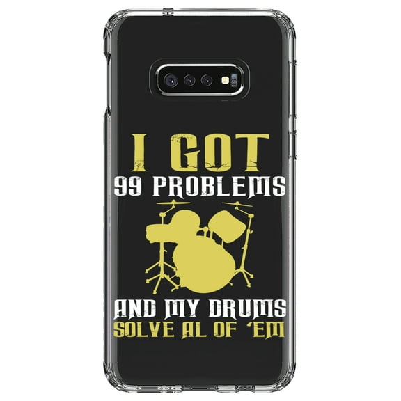 DistinctInk Clear Shockproof Hybrid Case for Samsung Galaxy S10e (5.8" Screen) - TPU Bumper Acrylic Back Tempered Glass Screen Protector - Got 99 Problems & My Drums Solve 'Em