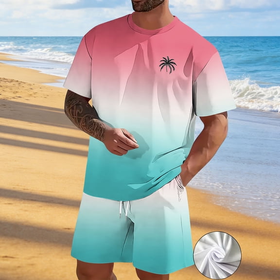 Zylanna Men's 2 Piece Outfit Sets, Gradient Color Casual Short Sleeve T-Shirt and Shorts Set Elastic Waist Crew Neck Loungewear for Vacation Daily Wear Hot Pink