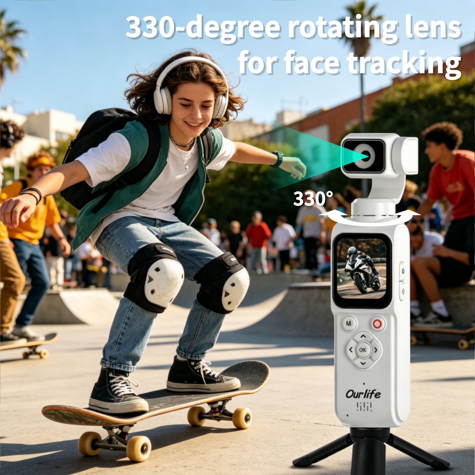 Ourlife 4K Pocket Gimbal Camera for Vlogging, 64MP Autofocus Camera with Face Tracking, Touchscreen, WiFi, 64GB Card, White
