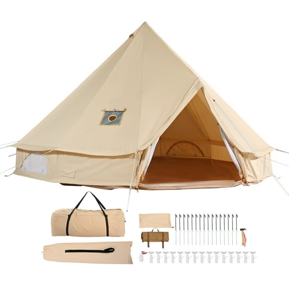 KFFKFF Canvas Bell Tent, 4 Seasons 7 m/22.97 ft Yurt Tent, Canvas Tent for Camping with Stove Jack, Breathable Tent Holds up to 12 People, Family Camping Outdoor Hunting Party