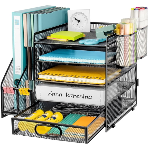 Organizador de Escritorio, Organizador Escritorio 5 Capas con Compartimentos Verticales, Portalápices y Cajón Deslizante, organizador de Papel para Uso Diario en la Cficina y la Escuela