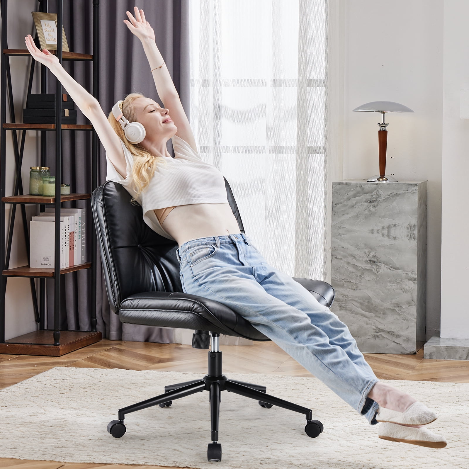 CONCETTA Cross Legged Armless Office Chair, 26.8" Wide PU Leather Seat, Adjustable Swivel Vanity Desk Chair with Rocking Function, Khaki Gray