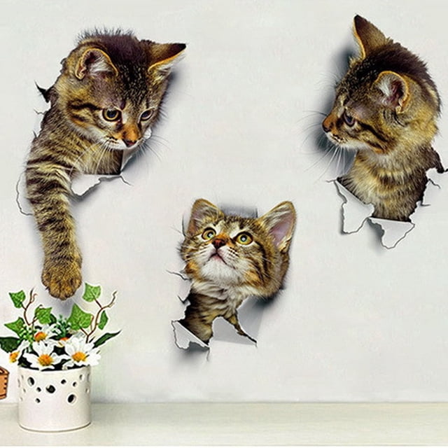 Adhesivos de pared 3D con forma de gato realista con forma de gatito, autoadhesivos, PVC