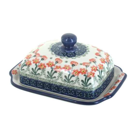 Blue Rose Polish Pottery Peach Posy Butter Dish