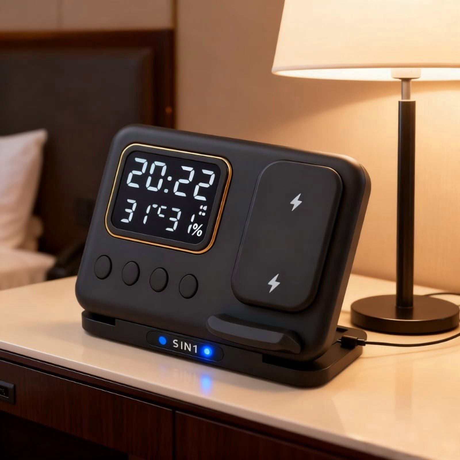 5-In1 Wireless Charging Station Adjustable Night Light, Time And Temperature Display, Ambient Lighting Compatible with Apple Iphones, for Airpods, And Watches Convenient Charging, Smart Experience