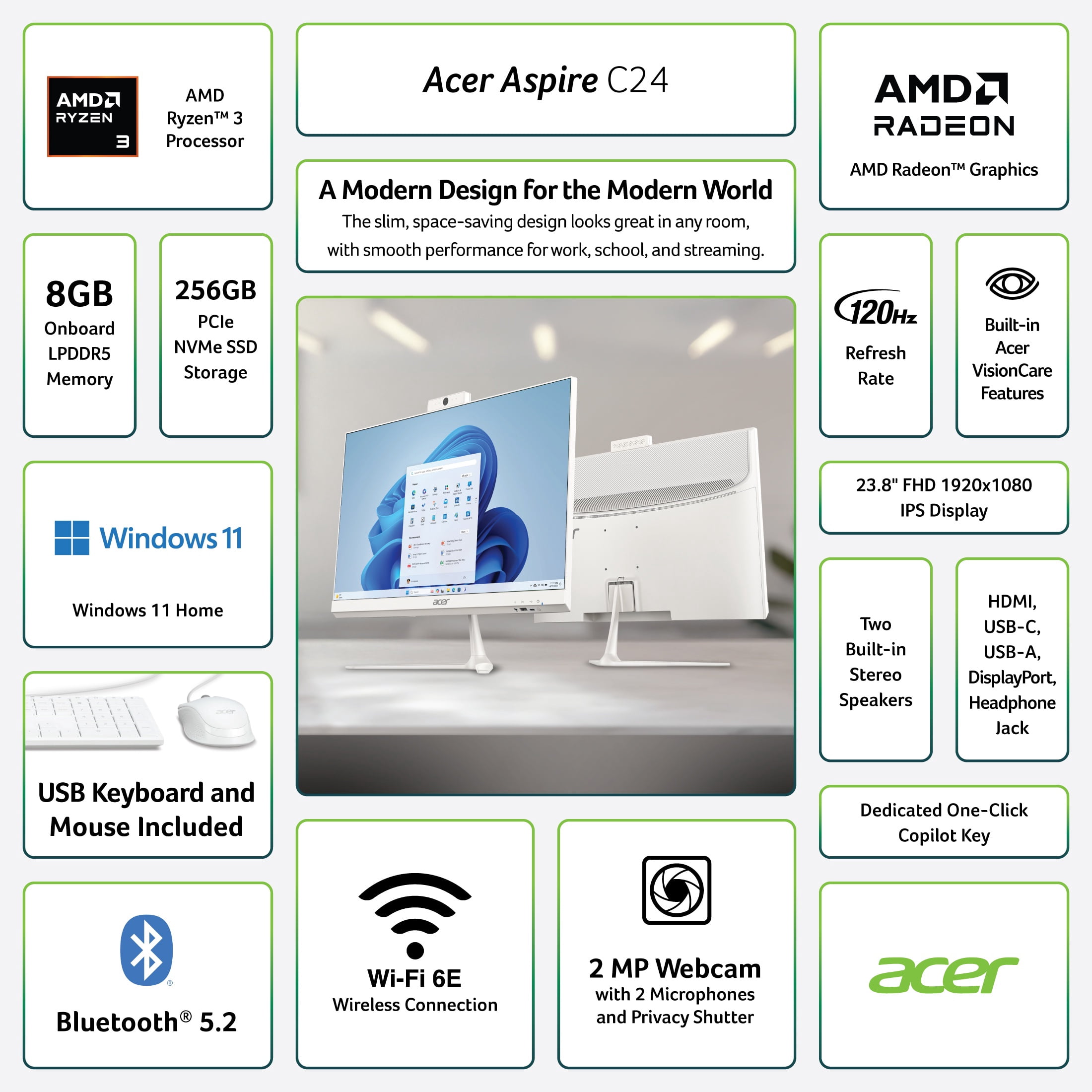 Acer Aspire C24 All-In-One Desktop, 23.8” FHD IPS 120Hz Display, AMD Ryzen 3 30 Processor, AMD Radeon Graphics, 8GB RAM, 256GB SSD, White, C24B-GMDCR-UWR3