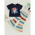 thumbnail image 2 of Sunloudy Toddler Girls Summer Outfit, Short Sleeve Cattle Head Print Tops + Geometric Pattern/Cow Print Flared Pants, 2 of 9