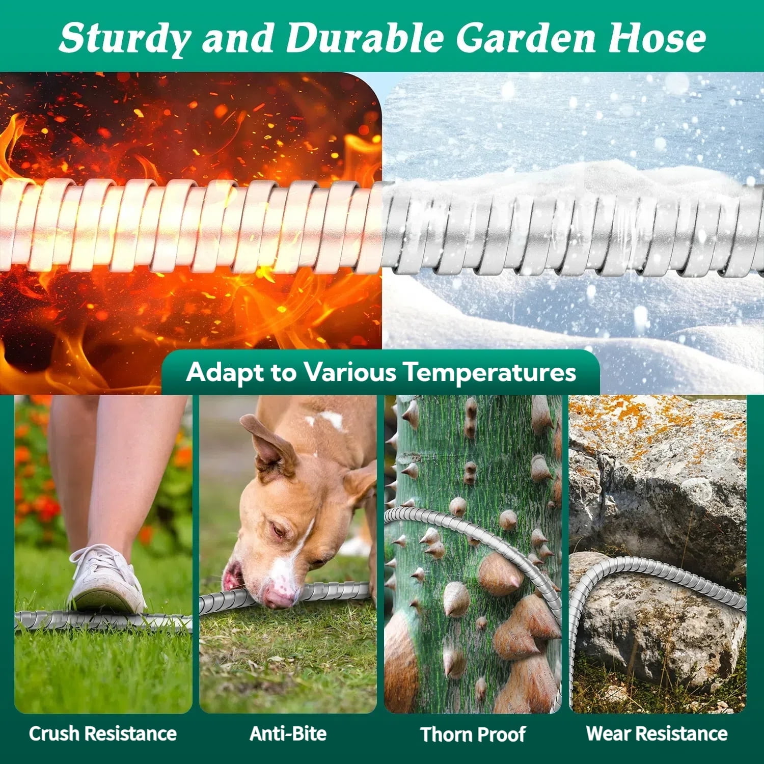 Teblint Metal Garden Hose 50ft, 304 Stainless Steel Garden Hose, Heavy Duty Water Hoses with 10 Function Hose Nozzle, Flexible, No Kink & Tangle, Leak & Puncture Proof, 150psi