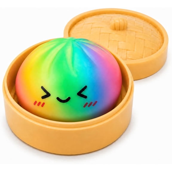 Rainbow Dumpling Squishies Toys with Food Steamer,Colorful Squeeze Dough Fidget Sensory Stress Balls,Stretchy Hand Desk Toys for Stress Relief Squishies Dumpling Gifts