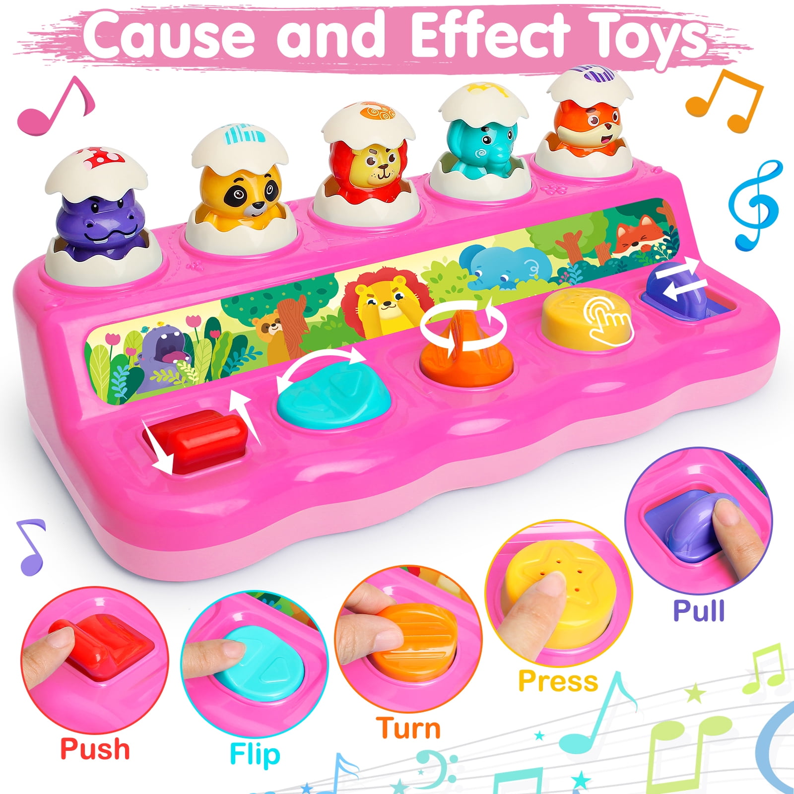 Wanonoo Interactive Pop Up Toys with Music & Light, Montessori Cause and Effect Toys for 1 Year Old Girl, Early Animal Learning Musical Baby Toys for 9-12-18 Months, Birthday Children's Day Gifts