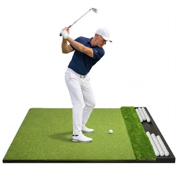 OKESAM Golf Mat 5x4ft Foldable Golf Hitting Mat with Built-in Ball Tray, Dual-Turf Practice Mat for Indoor & Outdoor, Thickened EVA Base Portable Storage