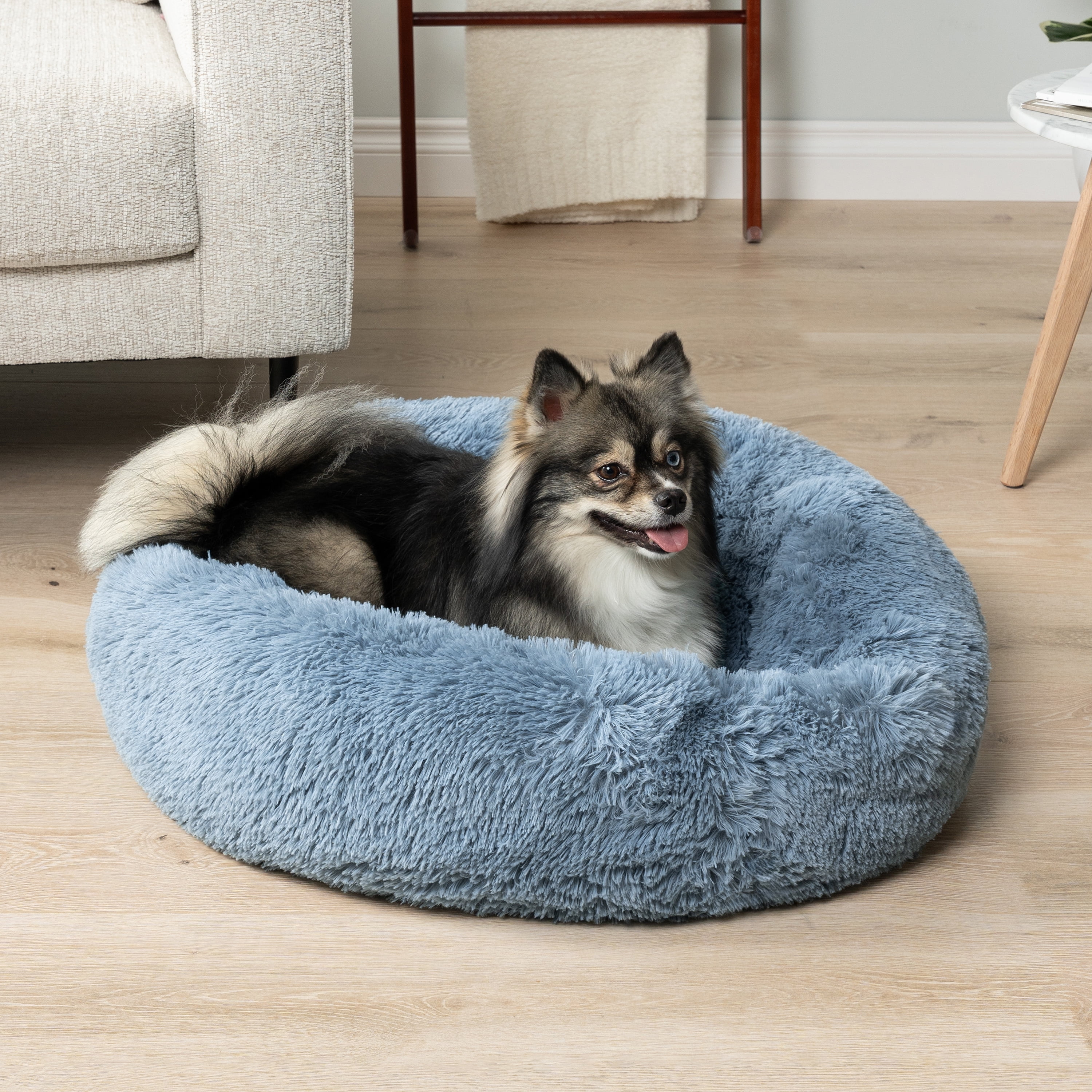 PetAmi Calming Dog Bed for Small & Medium Dogs and Cats, 23 Round Donut Dog Bed, Washable Fluffy Faux Fur Puppy & Cat Bed, Anti-Anxiety Plush Cuddler Pet Bed with Anti-Slip Bottom - Blue