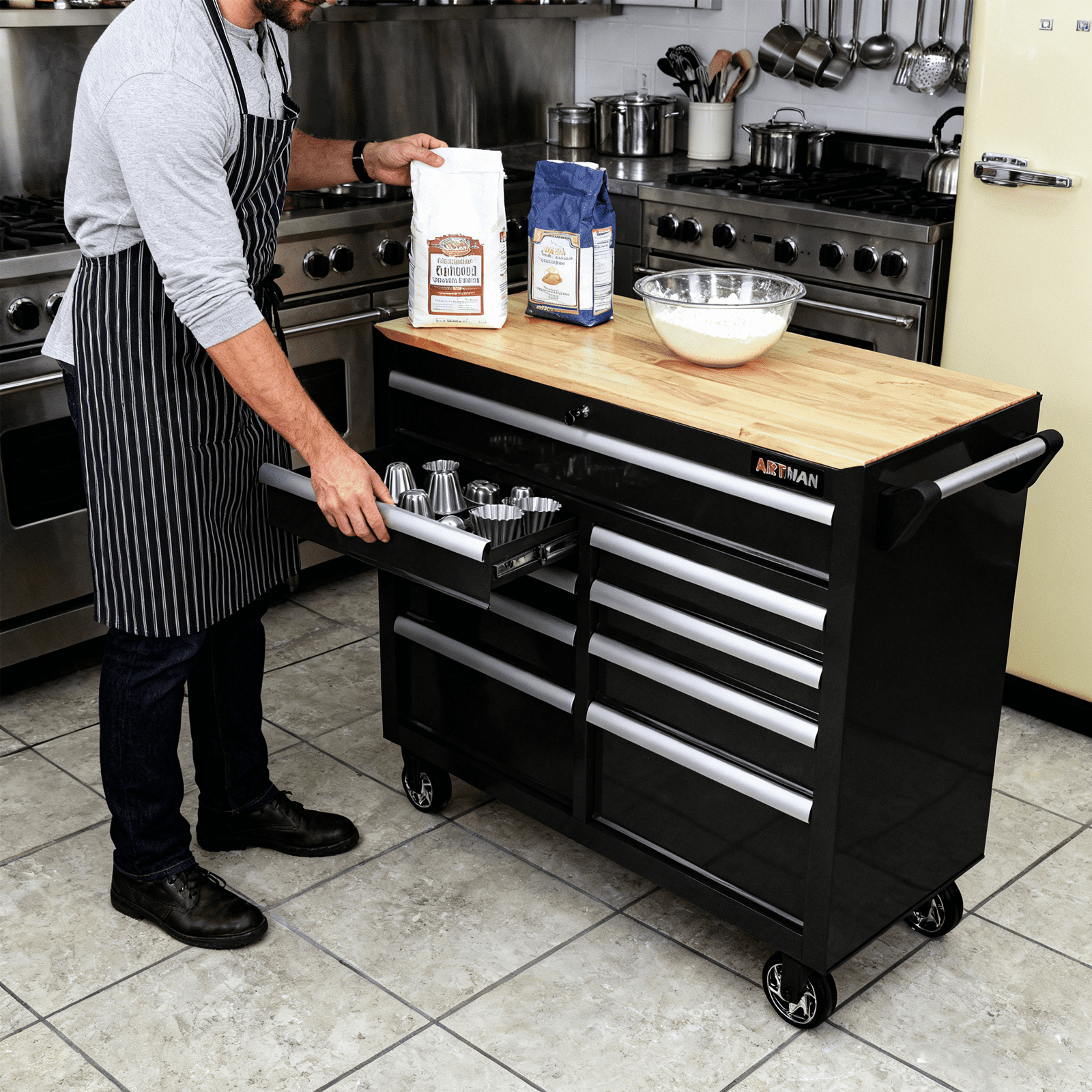 ARTMAN Heavy Duty Rolling 46 In  Tool Chest,9-Drawers, Mobile Tool Storage Cabinet/Work Bench with Wooden Top for Garage, Warehouse, Workshop, Repair Shop