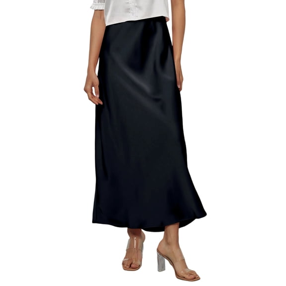 WULMLEO Women's Satin High Waisted Maxi Skirts Silk Elegant A Line Long Skirt Summer Fall Cocktail Party Wedding Flowy Skirts Navy L