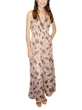 Mogul Womens Women's Floral Print Shirred Waist Sleeveless Peach Dress with Liner Slip Long Dresses S/M