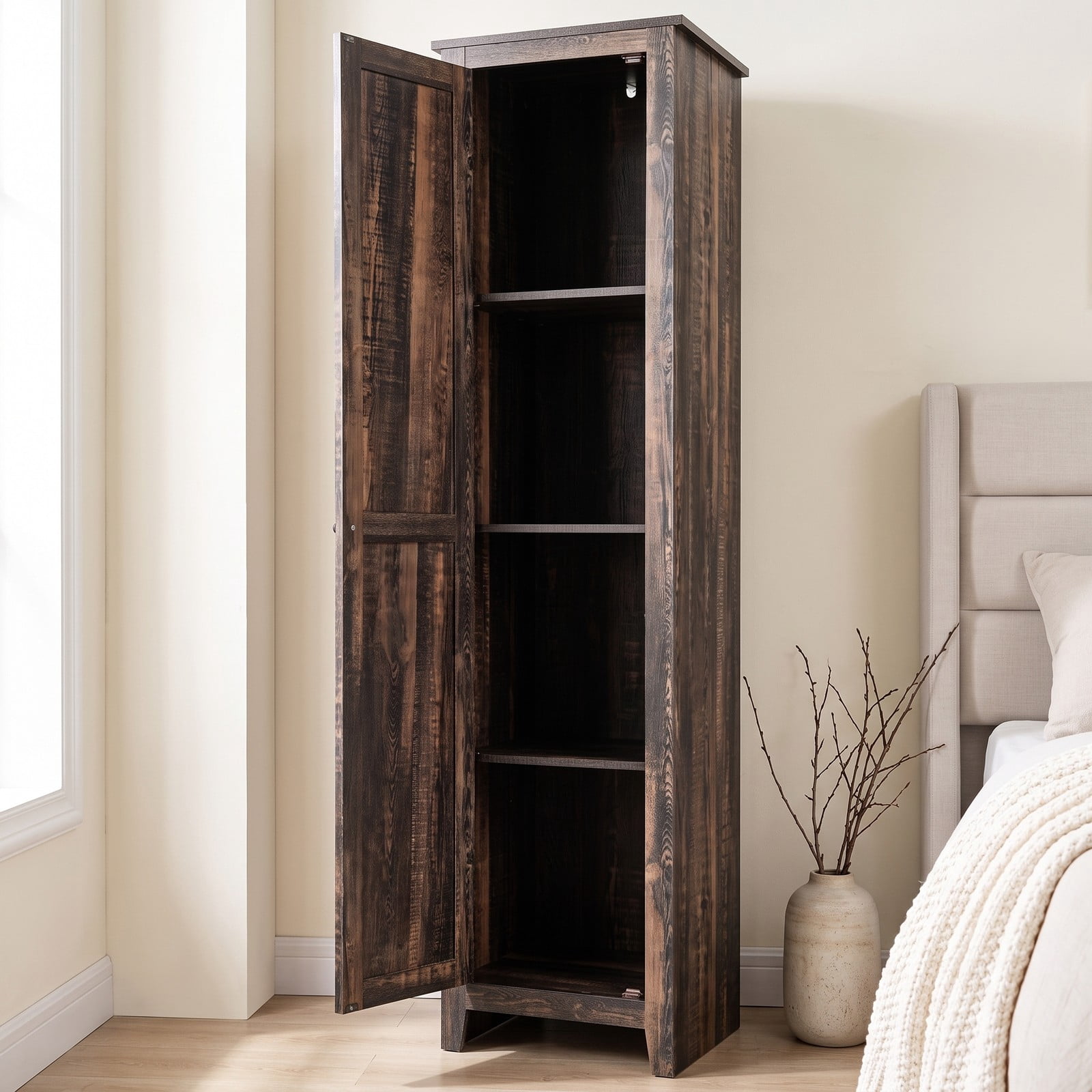 ALPULON Linen Tower Bathroom Storage Cabinet, Tall Slim Freestanding Floor Organizer with 4 Shelves and Enclosed Door, Narrow Anti-Tip Side Storage for, Walnut