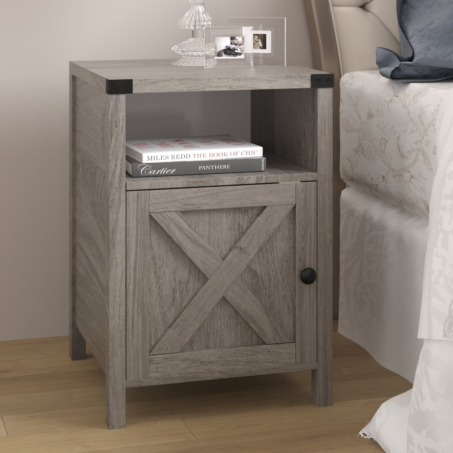 Catrimown Farmhouse Nightstand, Side Table, End Table with Barn Door and Shelf, Rustic Modern Bed Night Stand for Bedroom, Living Room, Grey Wash