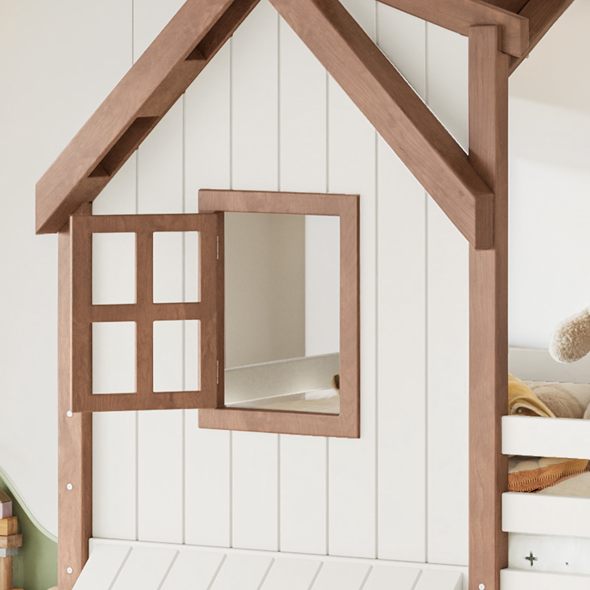 Leumius Twin over Twin House Bunk Bed with Storage Stairs, Kids Playhouse Bunk Bed with Roof and Windows, Solid Wood Bed Frame with Multifunctional Lower Space, Beige & Natural