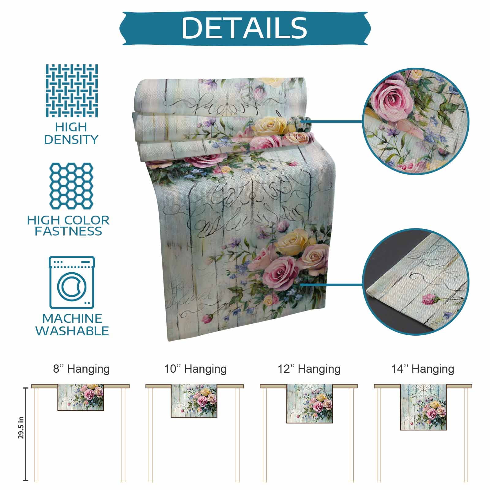 Hokiten Table Runners 120 Inches Long Dress Scarves, Spring Rose Farmhouse Coffee/Dining/Kitchen Table Runner for Living Room, Floral Leaves Botanical Rustic Wood Board 13x120 Inch