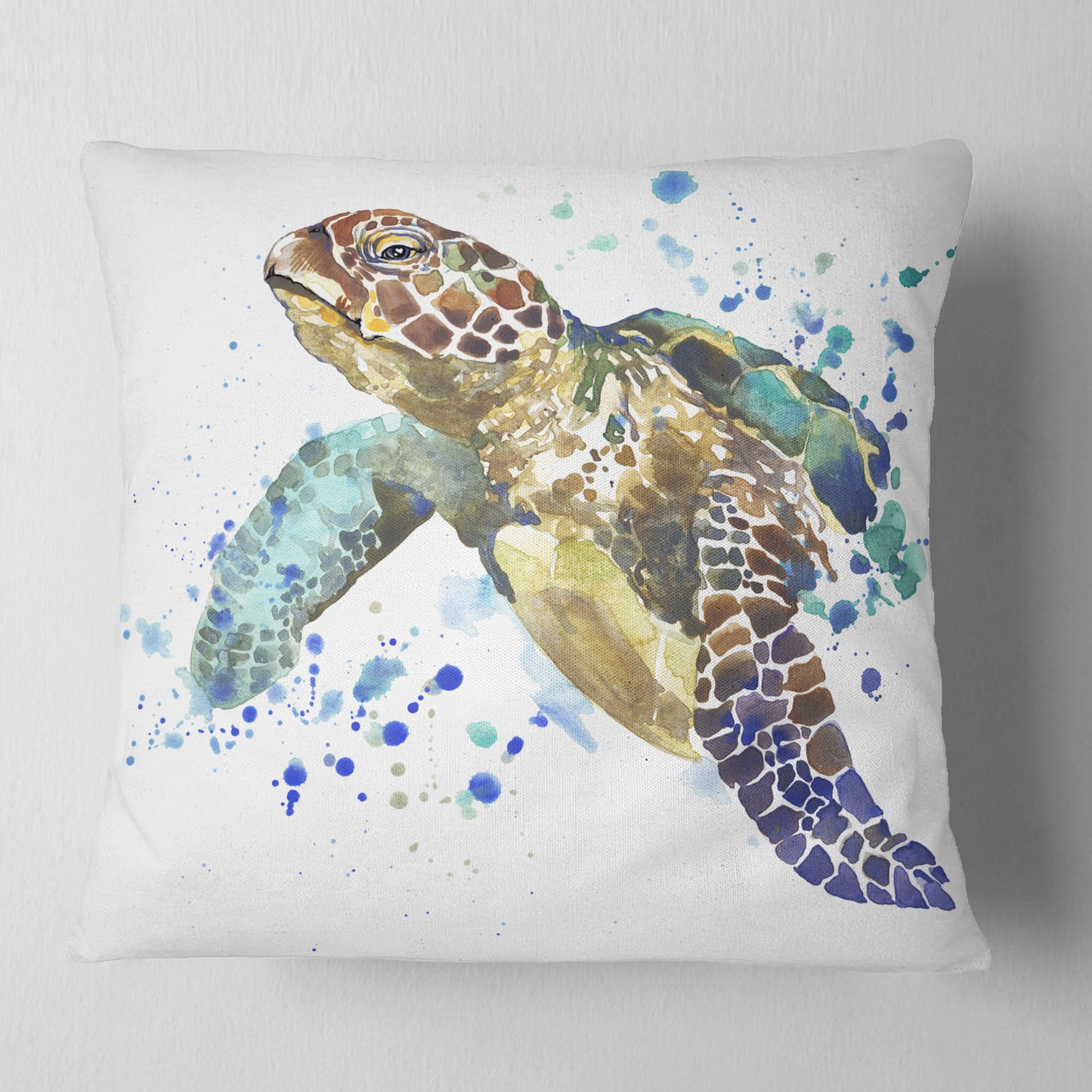 Designart Blue Sea Turtle Illustration - Animal Throw Pillow - 16x16