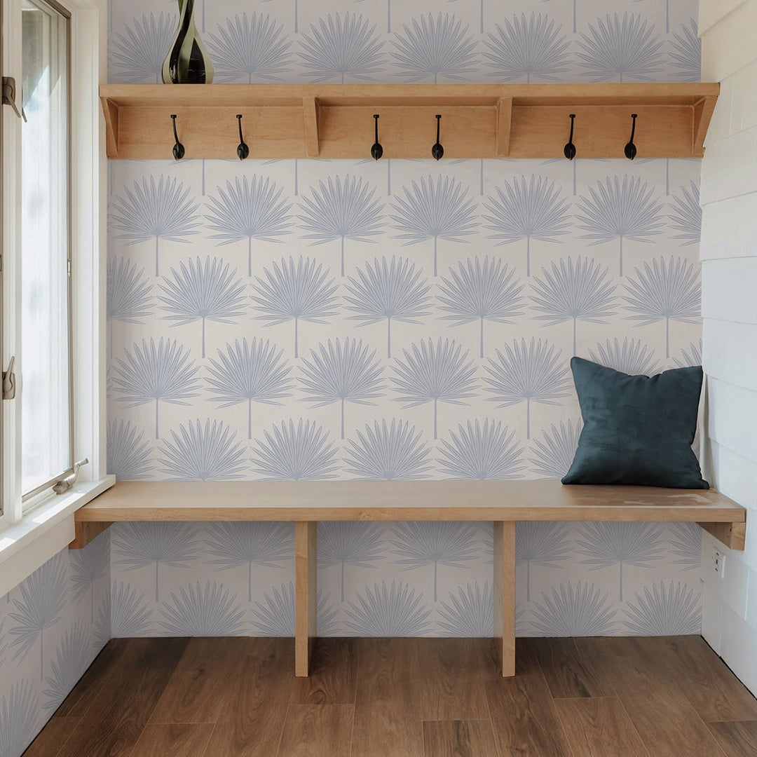 Stamped Palm Blue and Off-White Peel and Stick Wallpaper, 20.5" x 16.5'