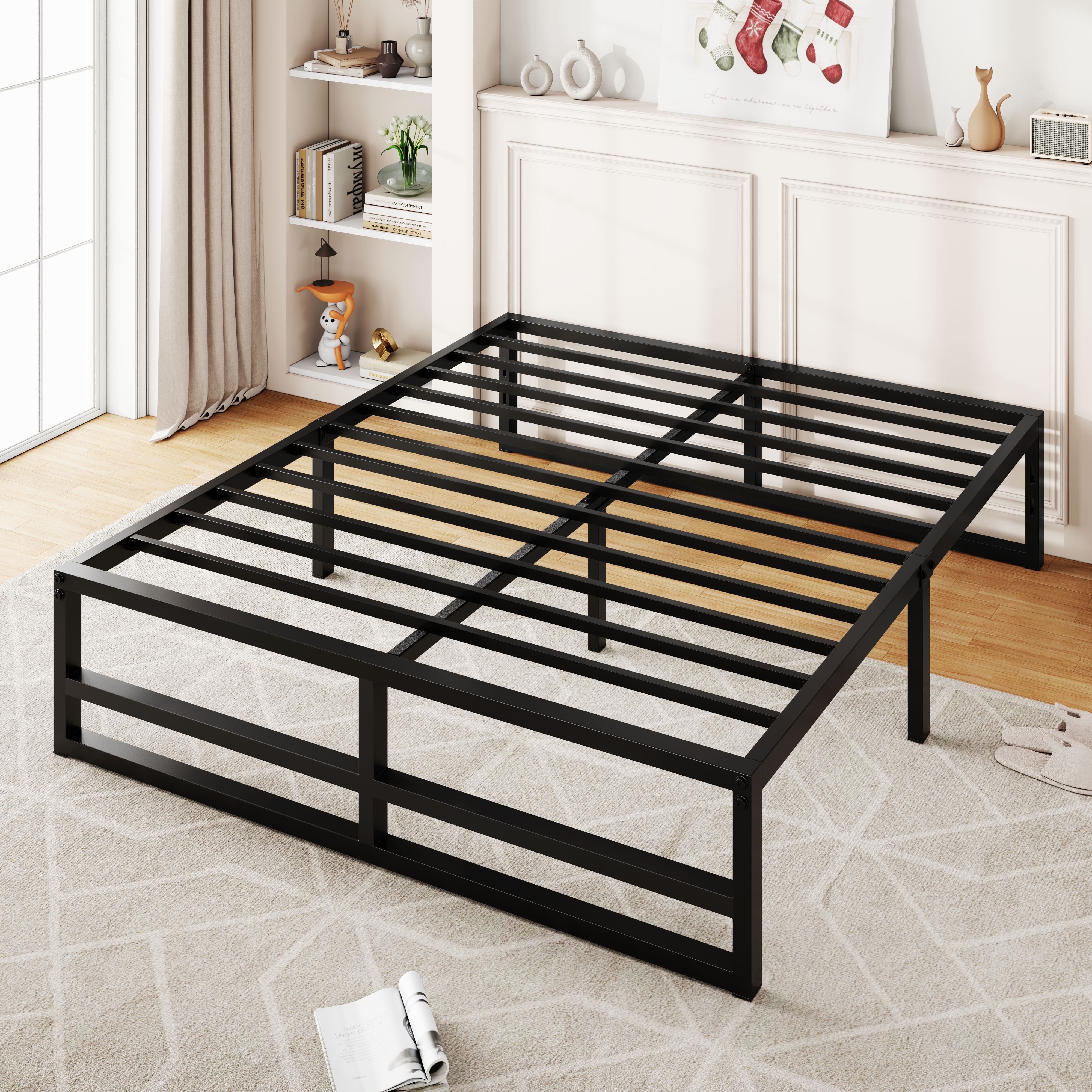 Allewie Queen Size Metal Platform Bed Frame with 14" Under Bed Storage, Strong Metal Slats Support, Black