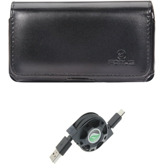 USB-C Cable w Case Belt Clip for Samsung Galaxy S22,S21,S20 - Retractable Type-C Charger, Leather Swivel Holster Combo