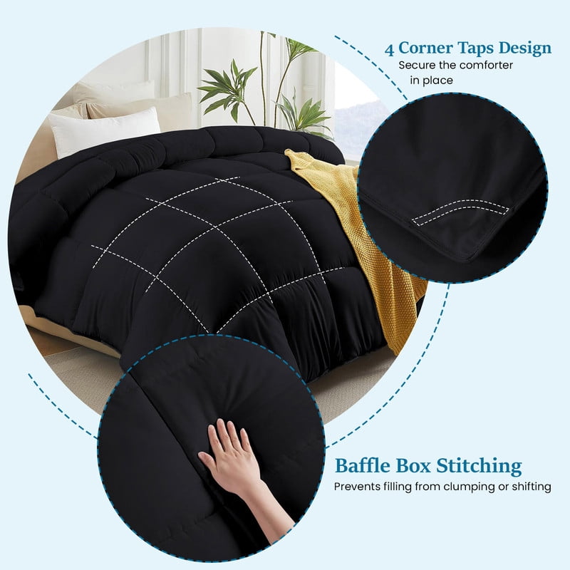 100% Cotton All-Season Comforter - Box Stitched Comforter - Bedding with Corner Tabs Machine Washable Lightweight Color Black Solid Pattern Size Twin (66"x90")