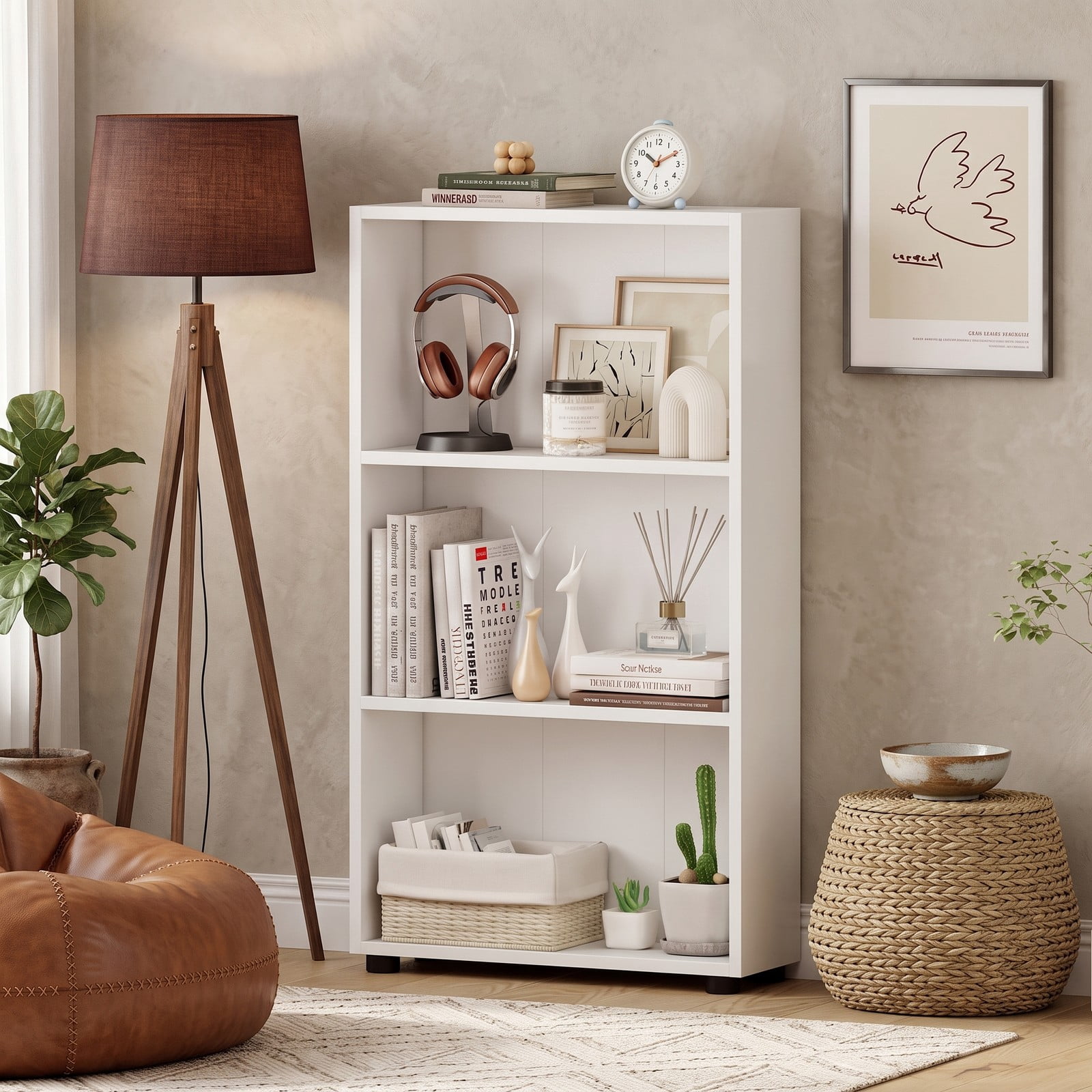 Furnibear 3-Tier Bookcase 42 Inch Tall Bookshelf with Anti-Tipping Kit, Freestanding Open Wood Storage Shelf Organizer for Living Room Bedroom Home Office Study, White