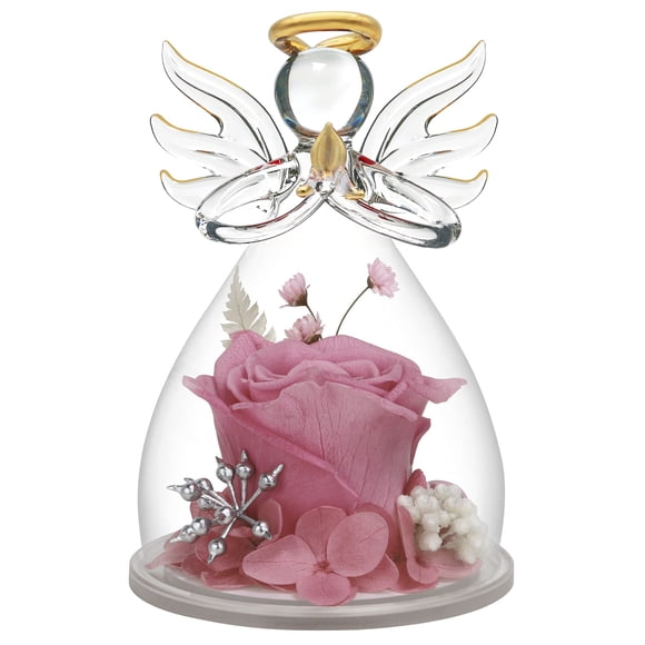 Regalos de flores y rosas preservadas en figuras de ángeles de vidrio