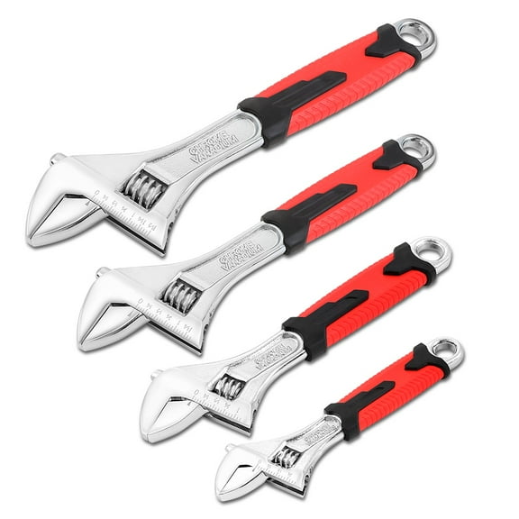 4Pcs Adjustable Wrench Spanner - 6-12 Inch, Vanadium Steel Automotive Repair Tool w/ Four-Sided Jaws and Rubber Grip