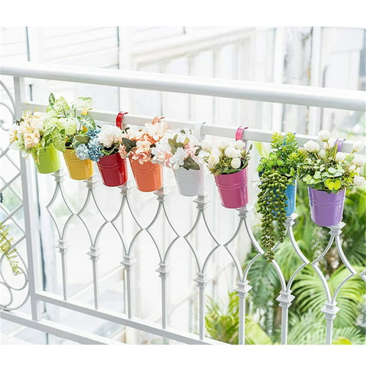 Casewin 4" Small Iron Hanging Planters Multicolor Flower Pots Balcony Garden Railing Planter, Fence Hanging Metal Bucket Plants Holders Set for Indoor and Outdoor, 12PCS