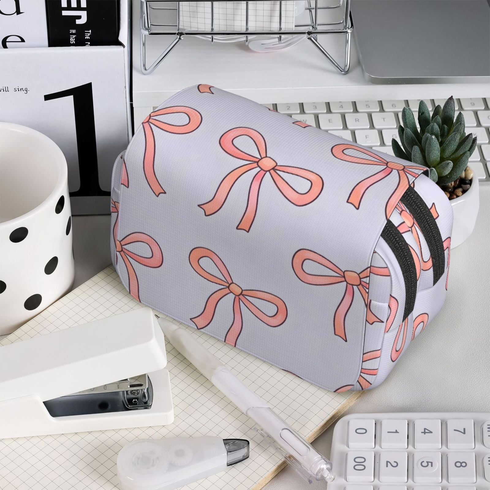 Large-Capacity Flip-Top Double-Layer Pencil Case, Multi-Functional Pocket Pen Case, Durable Stationery Organizer Pink Bow (3)
