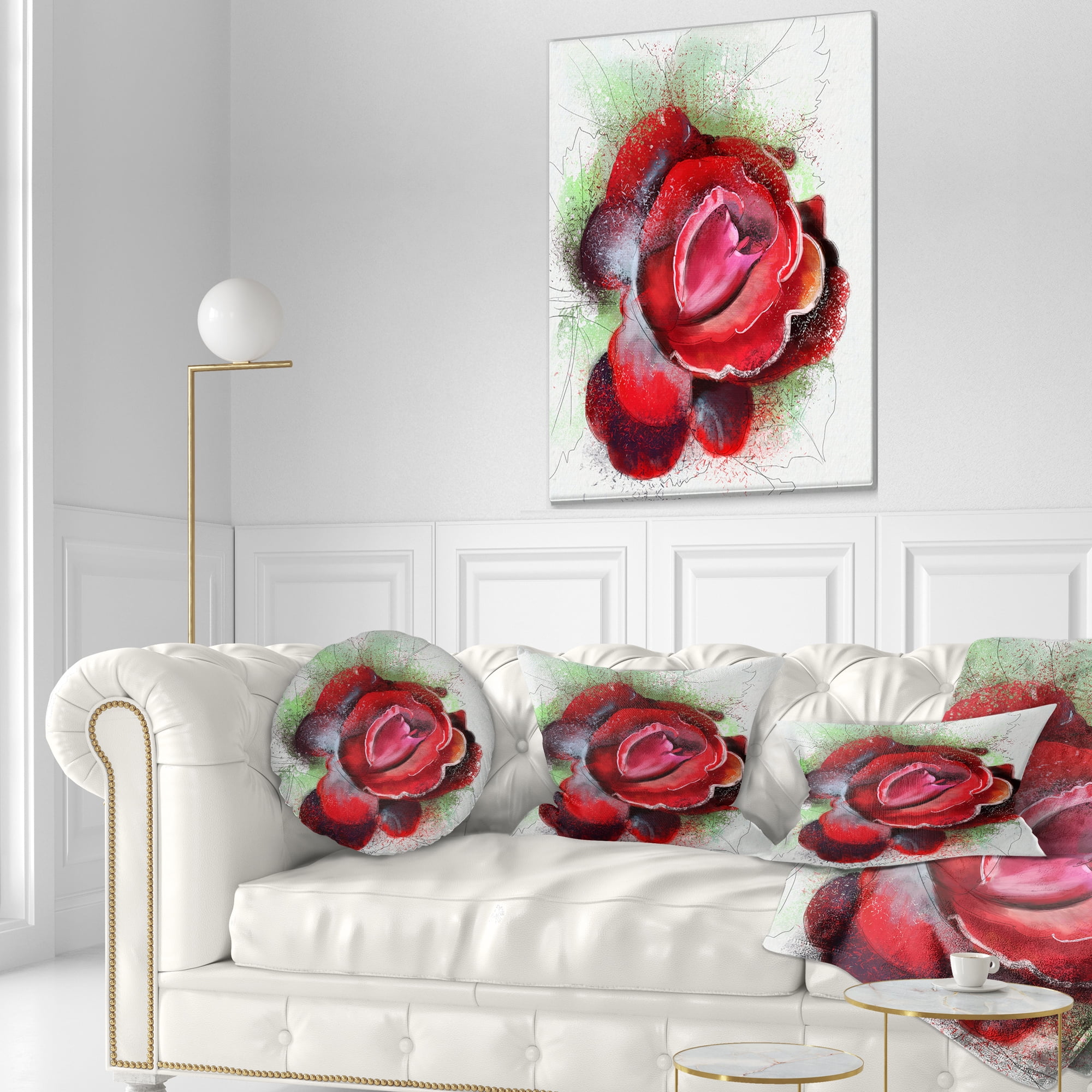 Designart Beautiful Red Rose with Green Shade - Floral Throw Pillow - 12x20