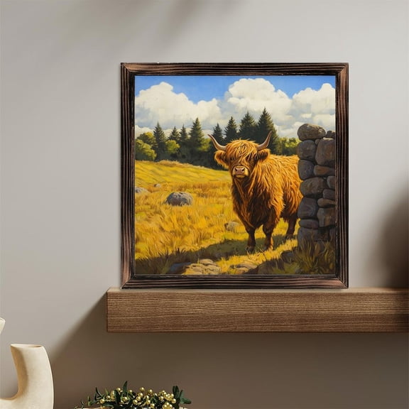 Highland Cow Meadow Stone Wall Trees Wooden Sign Wall Plaque - Vintage Art Decoration, Wall Decoration - Ideal Gift For Home Decoration, Living Room, Bathroom, Bedroom, Garden, Dining, Bar, Cafe, F