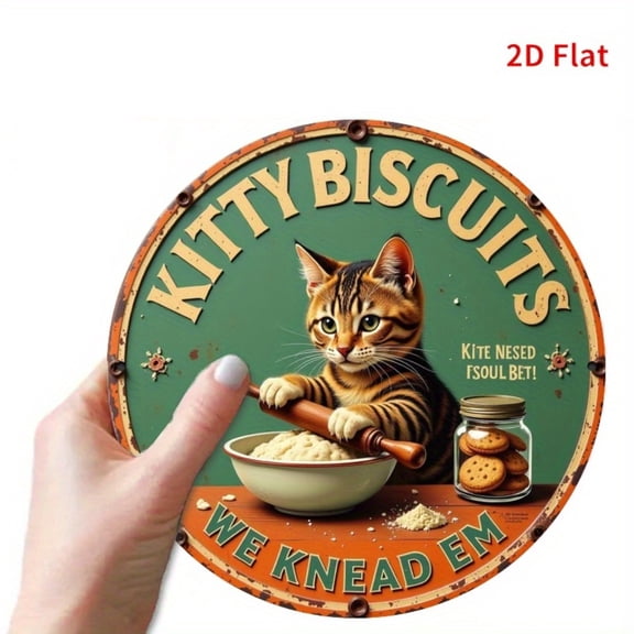 HELLOYOUNG Metal Cat Biscuit Sign Wall Decor, Round 2D Hanging Wall Art for Kitchen, Bedroom, Office, Funny Retro Tin Sign Home Decoration