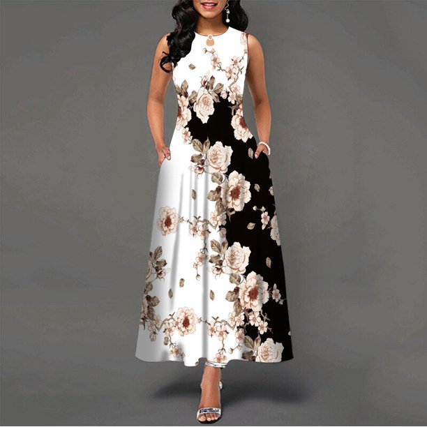WAYOFLOVE Ladies Spring Summer Long Dress Women White Sleeveless V-neck Pockets Party Dresses Elegant Print Casual Vintage Dress4XL Gao Jinjia LED