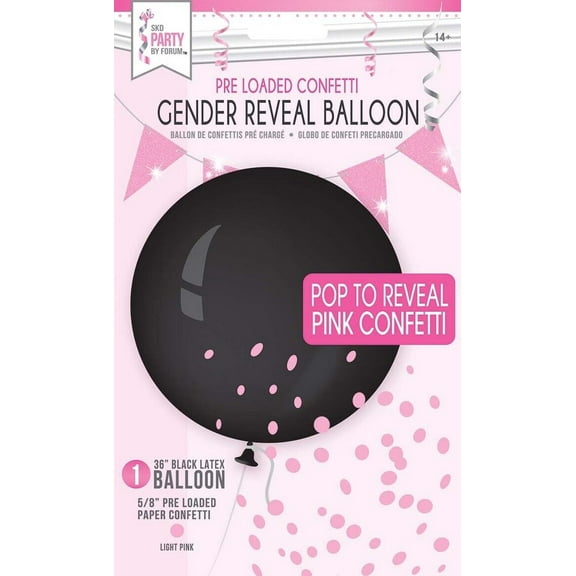 Black 36” Gender Reveal Confetti Balloon - Pink Confetti