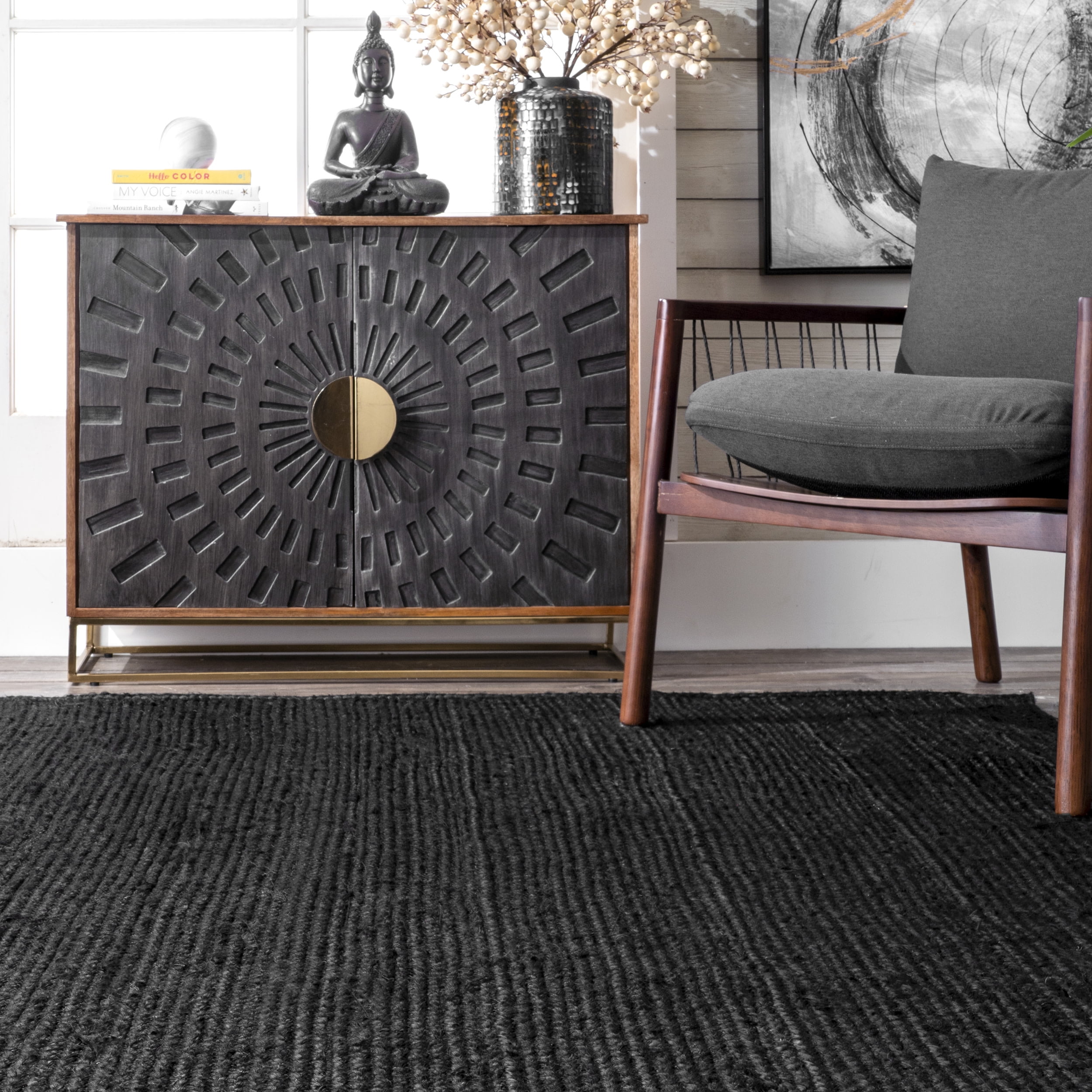 nuLOOM Rigo Hand Woven Farmhouse Jute Area Rug, 3' x 5', Black