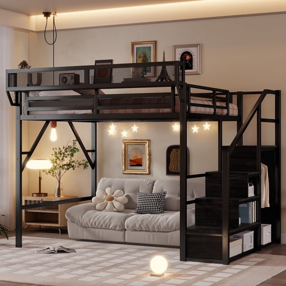 Mirightone Queen Loft Bed with Stairs, Metal Loft Beds Queen Size Adults with Storage Shelves and Wardrobe, Heavy Duty High Loft Bed, All black