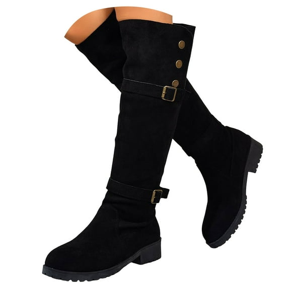 Rokment Black over The Knee High Boots for Women 2025 Winter Fall Fashion Suede Buckles Studded Low Heel Thigh High Dress Tall Boots Black Size 6.5