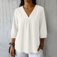 thumbnail image 7 of LangJing Womens Tops Summer Casual Cotton Linen Vacation Shirts 3/4 Sleeve V Neck Pleated Tunic Top Dressy Casual Blouse White,XL, 7 of 7