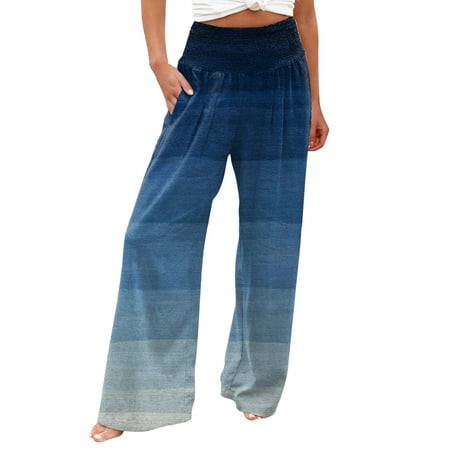 

Casual Pants for Women Women S Casual Prints High Waist Wide Leg Palazzo Pants Elastic Waist Loose Comfy Pajama Pants Pockets Polyester Blue