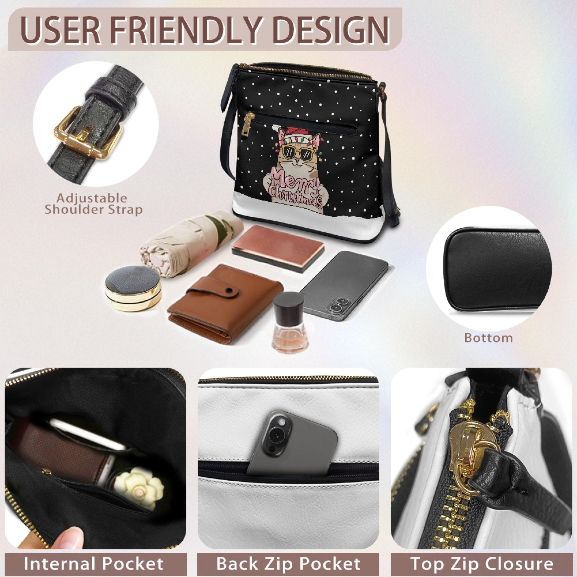 ZUXONGSY Christmas Cat Hat Lights Snowflake Print Shoulder Bag for Women PU Leather Crossbody Purse Trendy Satchel with Adjustable Wide Strap for Travel Shopping