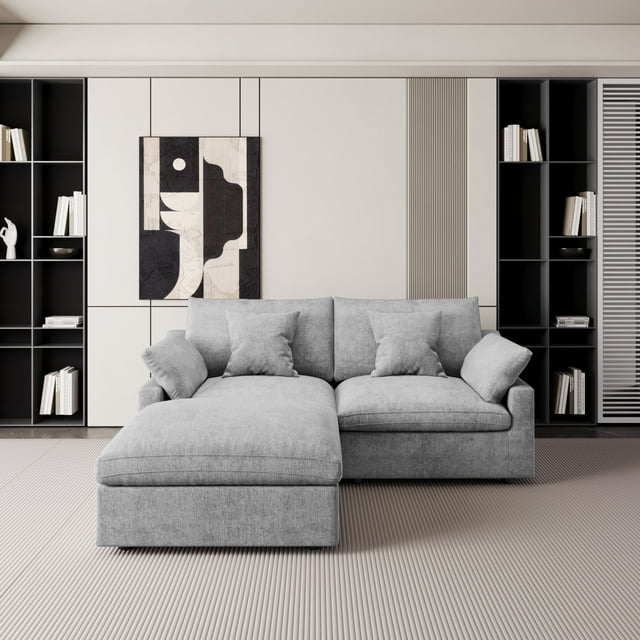 The Magic Home Canapé Sectionnel Modulaire en L en Lin avec Ottoman, Gris Pâle