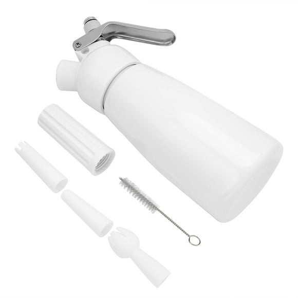 Dispensador portátil de crema batida de aluminio rojo de 250 ml para mantequilla y postres, batidor de espuma blanco