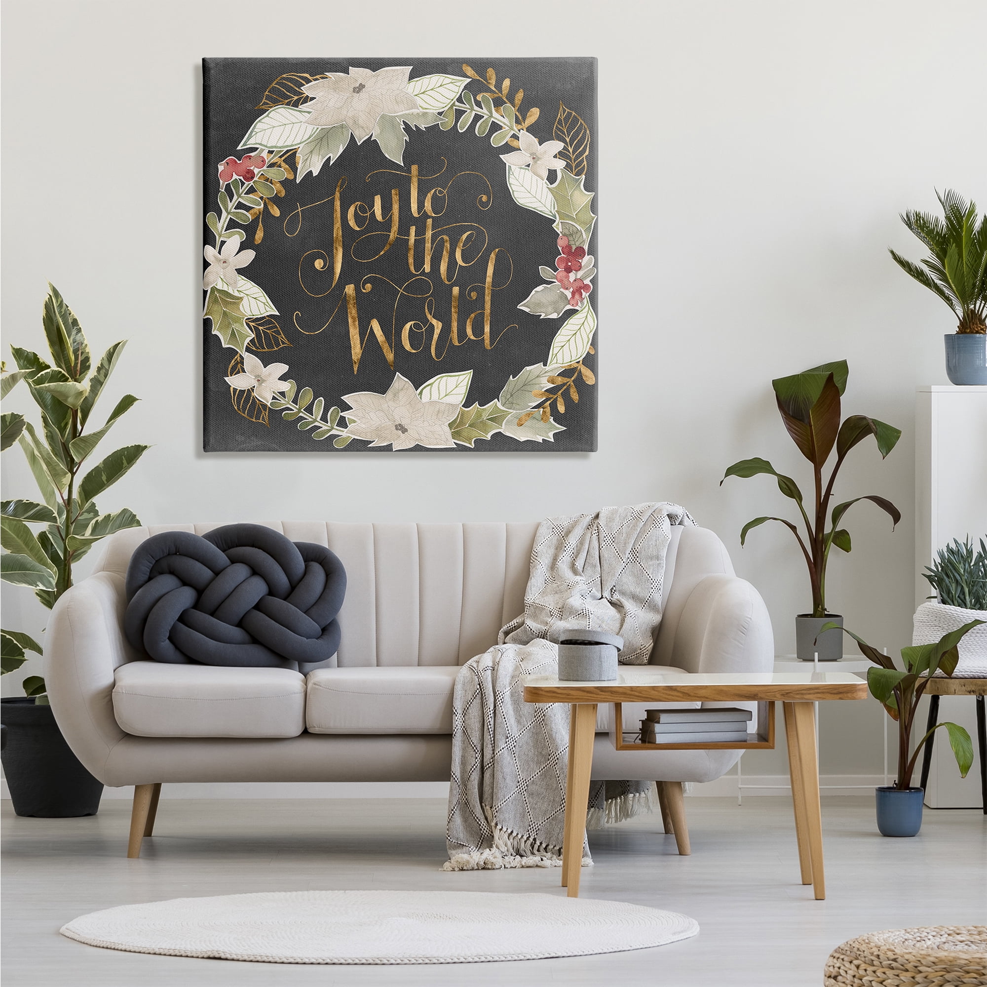 Stupell Industries Joy to the World Chic Christmas Wreath Red Holly Inspirational Painting Gallery Wrapped Canvas Print Wall Art, 36 x 36
