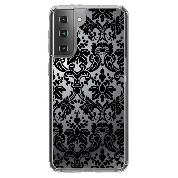 DistinctInk Clear Shockproof Hybrid Case for Galaxy S21 5G (6.2" Screen) - TPU Bumper, Acrylic Back, Tempered Glass Screen Protector - Silver Grey Black Damask - Floral Damask Pattern