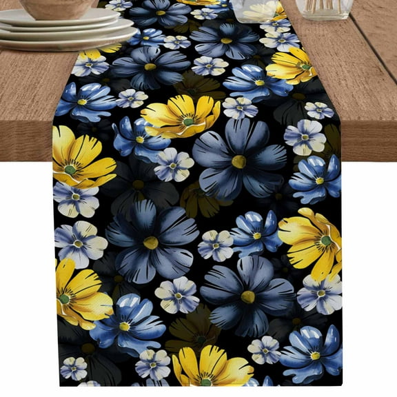 Watercolor Yellow Blue Flower on Black Table Runner-70 Inch Long Vintage Floral Table Runners Linen Burlap Tablerunner for Kitchen Dining Room Holiday Party
