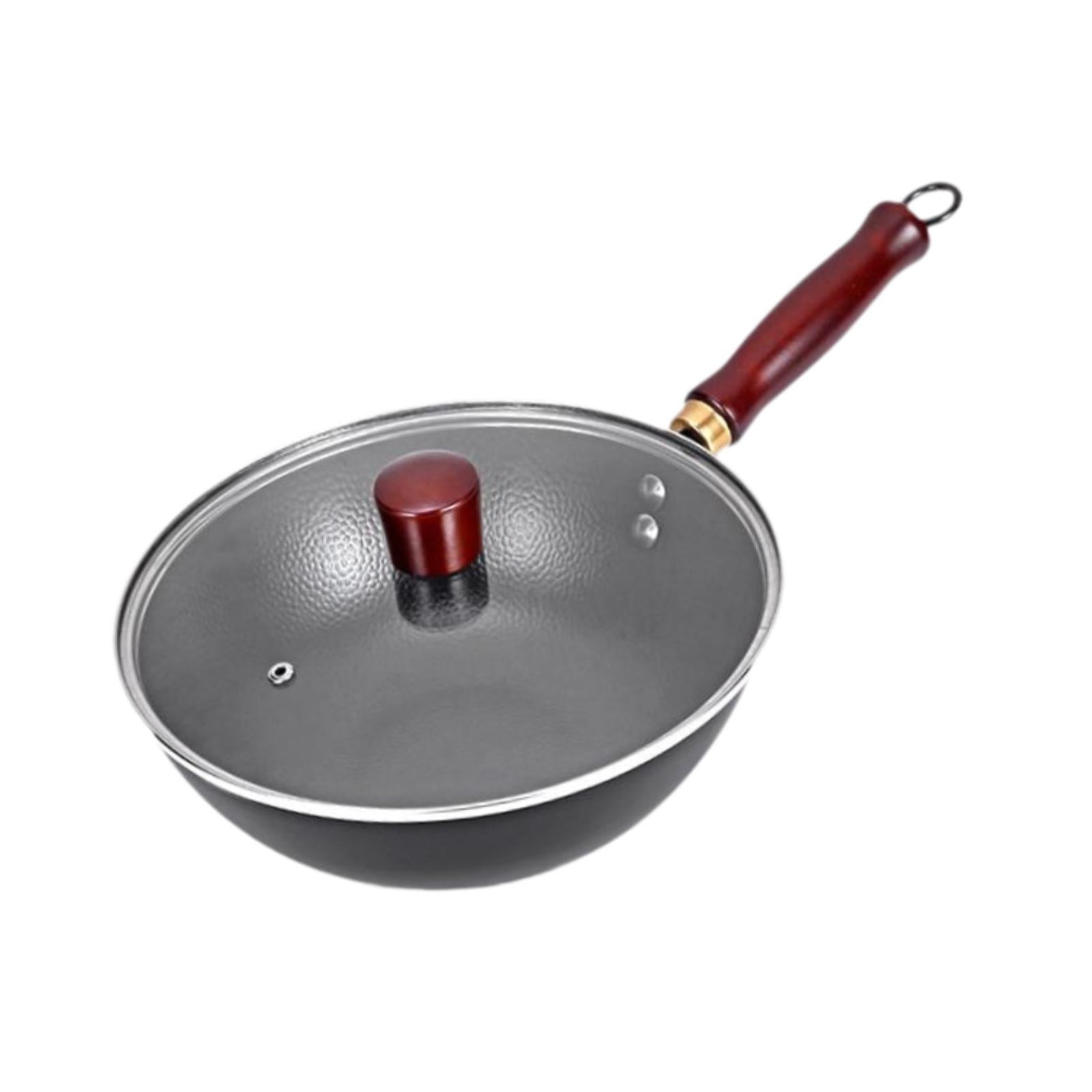 Fiocias Iron Wok Nonstick Pot Easy to Clean Wooden Handle Rustproof Kitchen Round Bottom With Lid